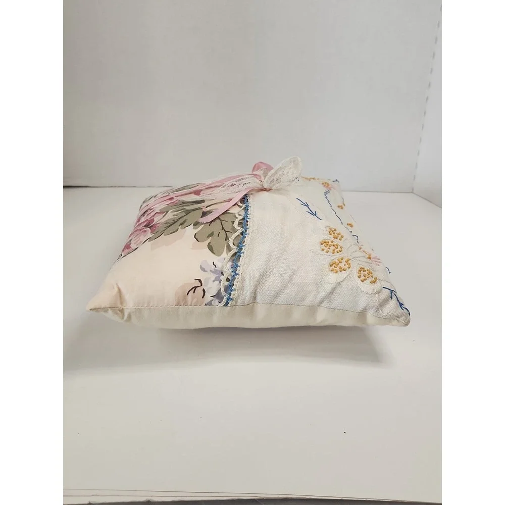 Vintage Handmade Floral Pillow 10x11 Embroidered Linen Lace Ribbon Cottagecore